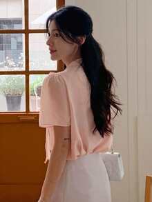DAZY Women's Elegant Solid Color Bow Tie Short Sleeve Blouse Summer - Pink - View 3