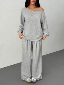 SHEIN PETITE 女士秋冬/夏季四季皆宜街头风露肩长袖灰色卫衣搭配高腰弹力灰色长裤两件套，舒适休闲两件套 - 灰色 - 查看 7