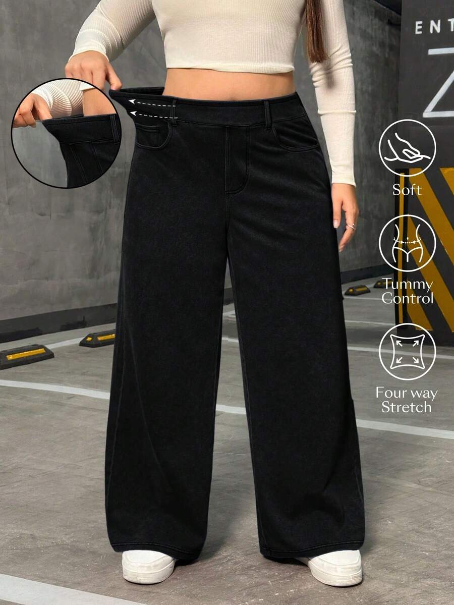 Flexra Women's Black Plain Denim Straight Leg Jeans With Tummy Control And Four-Way Stretch - Black - View 1