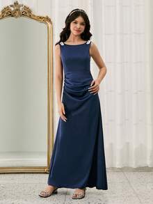 Elegantes Champagner-Satin-Kleid mit Perlen-Trägern für Teenager-Mädchen, Blumenmädchen, Hochzeit, Abschlussball, Halloween, Weihnachten, Abschluss, Mode für Mädchen mit aufwendigem Rock und Prinzessinnen-Stil - Champagnerfarben - Übersicht 7