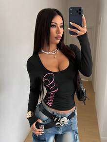 StreetHx 女士黑色U领修身舒适银色字母印花朋克摇滚Y2K坏女孩休闲街头风学院风2000年代风格长袖T恤 - 黑色 - 查看 6