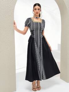 Al Najma Women's Geometric Print Square Neck Puff Sleeve Waist Tie Elegant Arabic Style Dress - Black - View 5