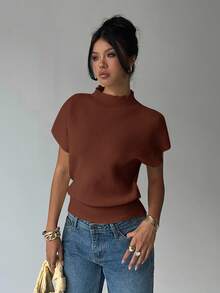 Aloruh 女士休闲日常通勤简约纯色漏斗领蝙蝠袖宽松针织衫，秋冬款 - 紫紅色 - 查看 5