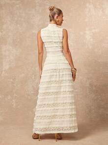 Lumalex 女士美人鱼连衣裙，荷叶边高领，收腰设计，超大喇叭裙摆 - 杏色 - 查看 3