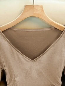 Franclia Elegant, Fitted V-Neck, Long-Sleeved, Gathered Waist, Champagne-Colored Women's Bodysuit In Korean Velvet Fabric. Casual Women's Bodysuit, Elegant Women's Bodysuit, Party Bodysuit, Champagne-Colored Bodysuits.