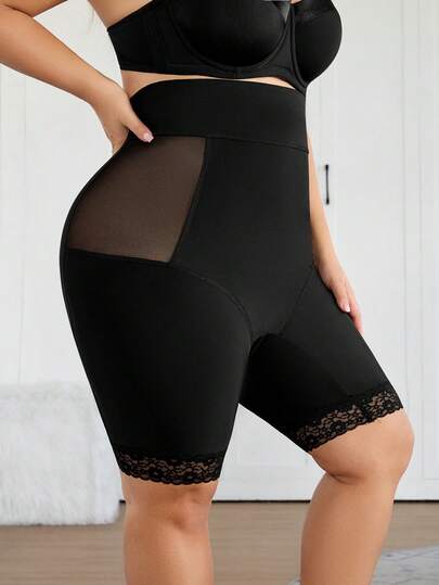 SHEIN CURVE+ 大码女式纯色网眼拼接高腰塑形短裤/2026/新年