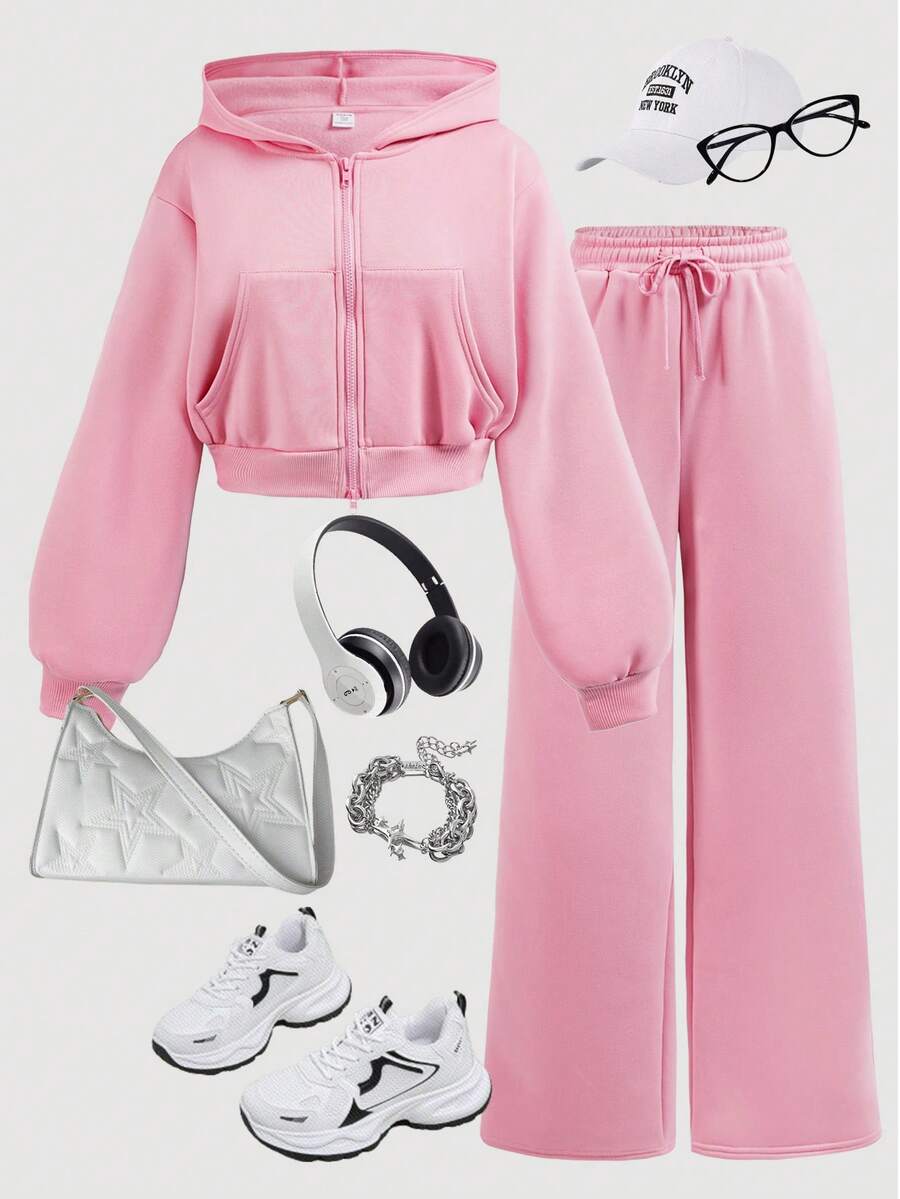 SHEIN Girlism TEENGIRL Pink Hooded Two Pieces Set, Zip-Up Jacket And Relaxed Fit Pants, Collegiate Style Outfit, Suitable For Back To School, Street Wear - Pink - View 1
