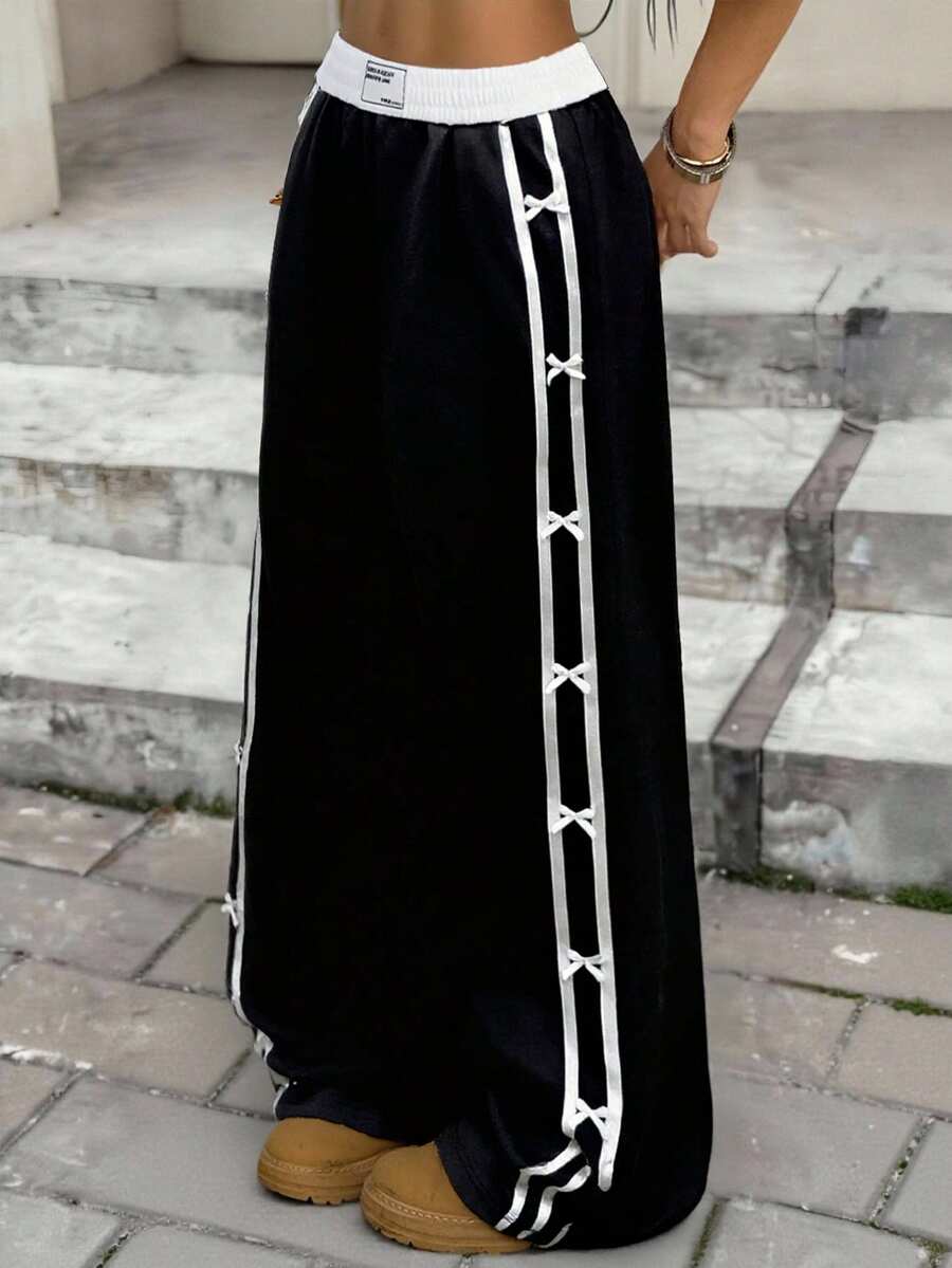 SHEIN 少女宽松休闲撞色编织腰带蝴蝶结装饰阔腿裤,黑色长裤,Y2K风格,返校季,裤子,侧边蝴蝶结系带裤 - 黑色 - 查看 1