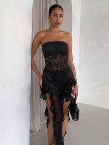 SHEIN Glamour Đầm dự tiệc ôm sát không tay ren gợi cảm xẻ tà cao màu trơn ôm sát kèm quần legging cho nữ - màu đen - Xem 6