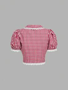 SHEIN MOD 蕾丝边泡泡袖露脐短款上衣，短袖上衣 - 紅白色 - 查看 2