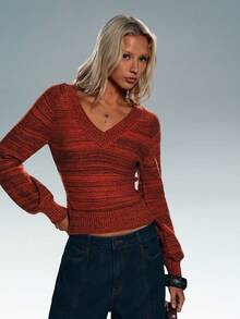 TRNVIE Women's V-Neck Fashionable Versatile Long Sleeve Sweater, Autumn/Winter - Brown - View 6