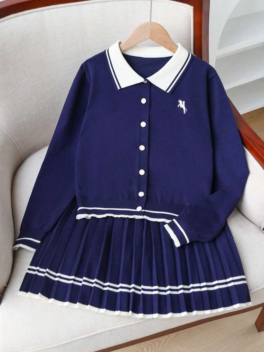 Sparklyn Teen GirlSweater Set, Long Sleeve Cardigan With Collar And Striped Mini Skirt, Black & White, Suitable For Spring, Autumn, Autumn/Winter Navy Blue Uniform School Outfit Pleated Skirt Set Girl School Uniform School Uniform Dress Navy Blue School Uniform Girl Preppy Uniform Pleated School Uniform Girl Preppy School Dress Girl School Outfit - Royal Blue - View 1