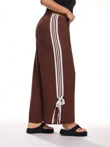 Solavibe 大码女式弹力腰侧条纹阔腿休闲裤，大码阔腿裤，喇叭裤，棕色阔腿裤，曲线阔腿裤，女士沙滩裤，女士休闲裤，度假裤，阔腿运动裤，棕色女式下装 - 棕色 - 查看 2