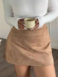 Dazy Plus Chân váy chữ A mini bằng da lộn, dáng thẳng, đa năng khi đi làm - Màu Khaki - Xem 7