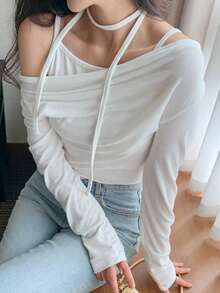 DAZY Women's 2 In 1 Spaghetti Strap Off-Shoulder T-Shirt Long Sleeve - White - View 2