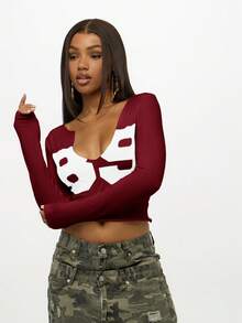 SUMWON Áo croptop dài tay cỡ lớn với họa tiết nơ, cổ chữ V sâu, ôm sát. - Màu Đỏ Sâu - Xem 4