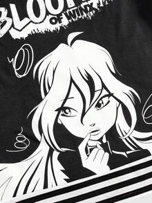 Winx Club X ROMWE Women's Faux Two-Piece Striped Portrait Pattern Asymmetric Shoulder Fitted T-Shirt - Black - View 3