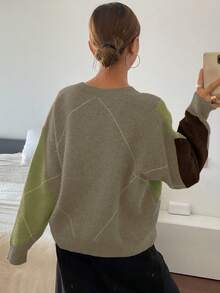 DAZY Plaid Loose Fit Long Sleeve Crew Neck Sweater For Women - Green - View 2