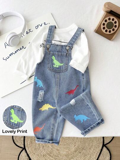 SHEIN Peto de mezclilla azul con estampado de dinosaurios de colores para bebé niño