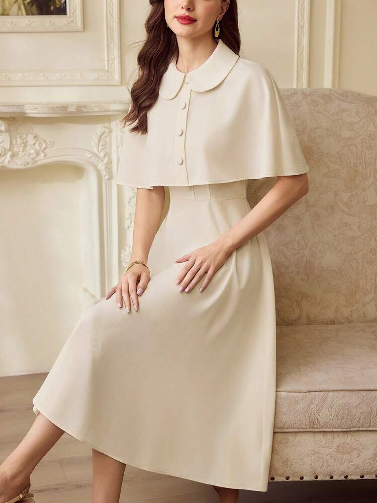 Vintamour Off-White,Autumn,Retro,Wedding Bridal Women 2 Pieces Set,Vintage Elegant Cloak-Style Button Dress With Lapel And Pocket Square Collar Skirt Outfit - Apricot - View 5