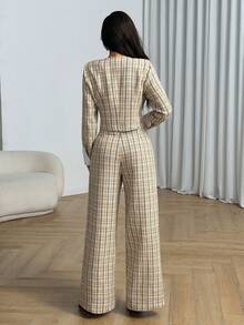 Modelyn Women's Yellow Long Sleeve Tweed Cinched Waist Jacket And Straight Leg Pants - Yellow - View 2