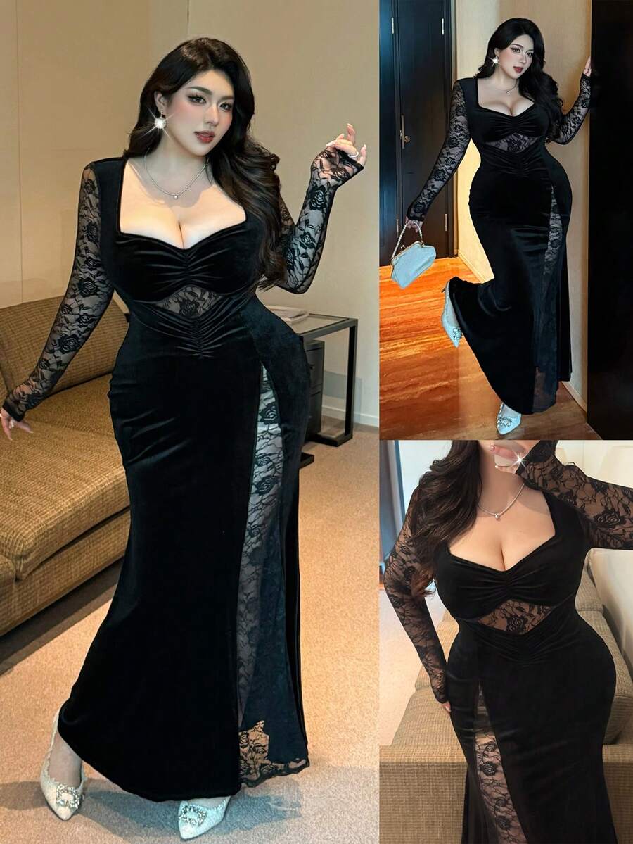 Flirla 大码女士优雅性感丝绒镂空蕾丝高开衩鱼尾长裙，秋冬款 - 黑色 - 查看 1