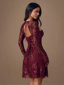 SHEIN BAE Women's Burgundy Floral Textured Cut-Out Long Sleeve Square Neck A-Line Mini Dress, Birthday Dress, Party Mini Dress, Wedding Guest Dress,Christmas And New Year Dresses, Women's Red Dresses, Women's Christmas Dresses - Burgundy - View 1