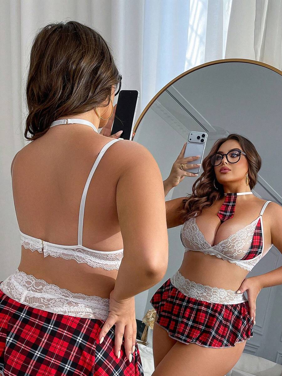 Fantasy Costume Plus Size Women Sexy Lace Patchwork Plaid 4-Piece Lingerie Set - Multicolor - View 1
