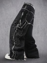 Manfinity Denimwave Herren Streetwear Lässig Patchwork Destroyed Bestickte Schwarze Jeans