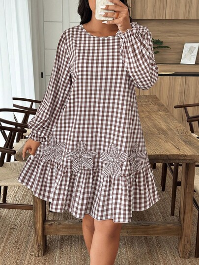 Weeklong Plus Size Women Colorblock Plaid Dress With 3D Floral Decor, Autumn/Winter