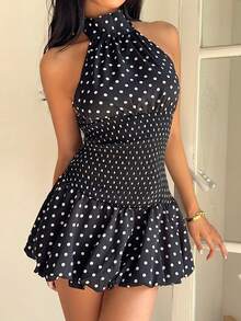 Lyxana Black Polka Dot Waist Tie-Up Halter Backless Bubble Ruffle Hem Mini Dress, Petite Women, Spring/Summer , Fashion, Commute, Vacation, Minimalist, Graduation, Back To School, Teacher, Elegant, Daily, Date - Black - View 6
