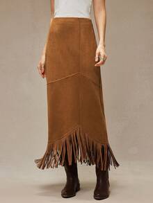 WESTFADE 绒面高腰西部风格流苏中长裙，适合冬季、波西米亚风、休闲、可爱、假日、圣诞节、新年、新年等场合，是女士西部服饰的理想之选，展现纳什维尔牛仔风情。 - 棕色 - 查看 2