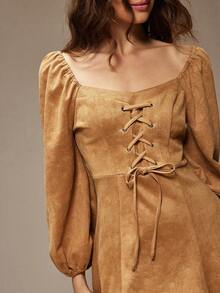 WESTFADE 压花花卉仿麂皮系带长袖修身A字迷你连衣裙，适合冬季、波西米亚风、西部风、假日、圣诞节、新年、纳什维尔牛仔风、休闲、可爱风格 - 棕色 - 查看 4