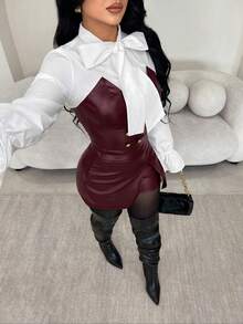 SHEIN SXY Áo sơ mi nơ trắng thanh lịch cổ điển dành cho nữ kết hợp với áo bustier PU màu đỏ tía - Màu Đỏ Sâu - Xem 5