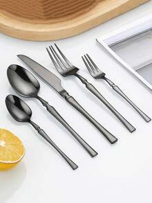 20 piezas Juego de cubiertos de acero inoxidable, diseño de cintura Cuchillo Tenedor Cuchara Cuchara de postre, Empaque de caja de regalo, Adecuado para el hogar, la cocina, el hotel, regalos de boda y fiestas, útiles escolares - Negro - Ver 3