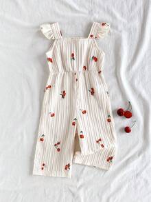SHEIN Vintaside Kids Baby Girls' Casual Minimalist Cherry Print Ruffle Strap Romper, Beige, Suitable For Everyday Wear, Outdoor, Photography, Spring/Summer