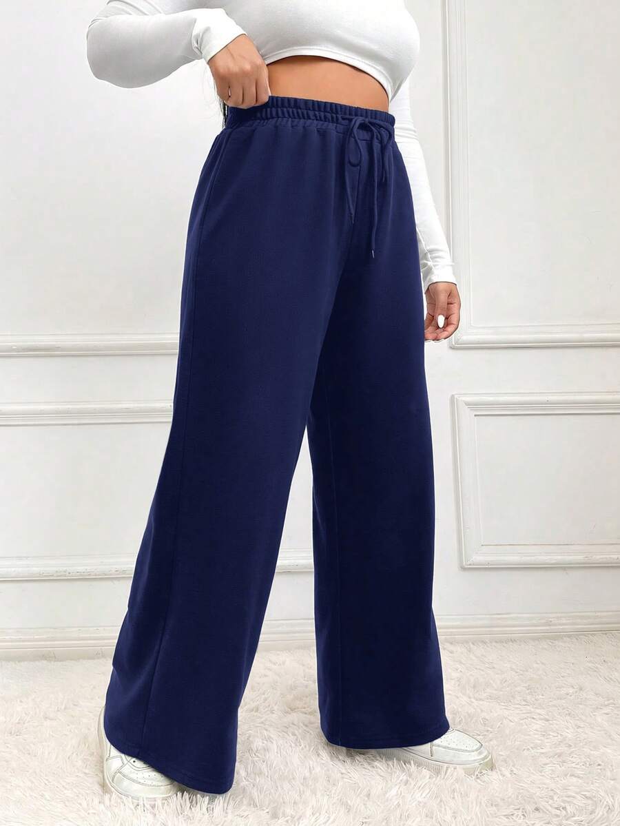 SHEIN EZwear Plus Size Navy Blue Drawstring Waist Pockets Casual Wide Leg Sweatpants - Navy Blue - View 1