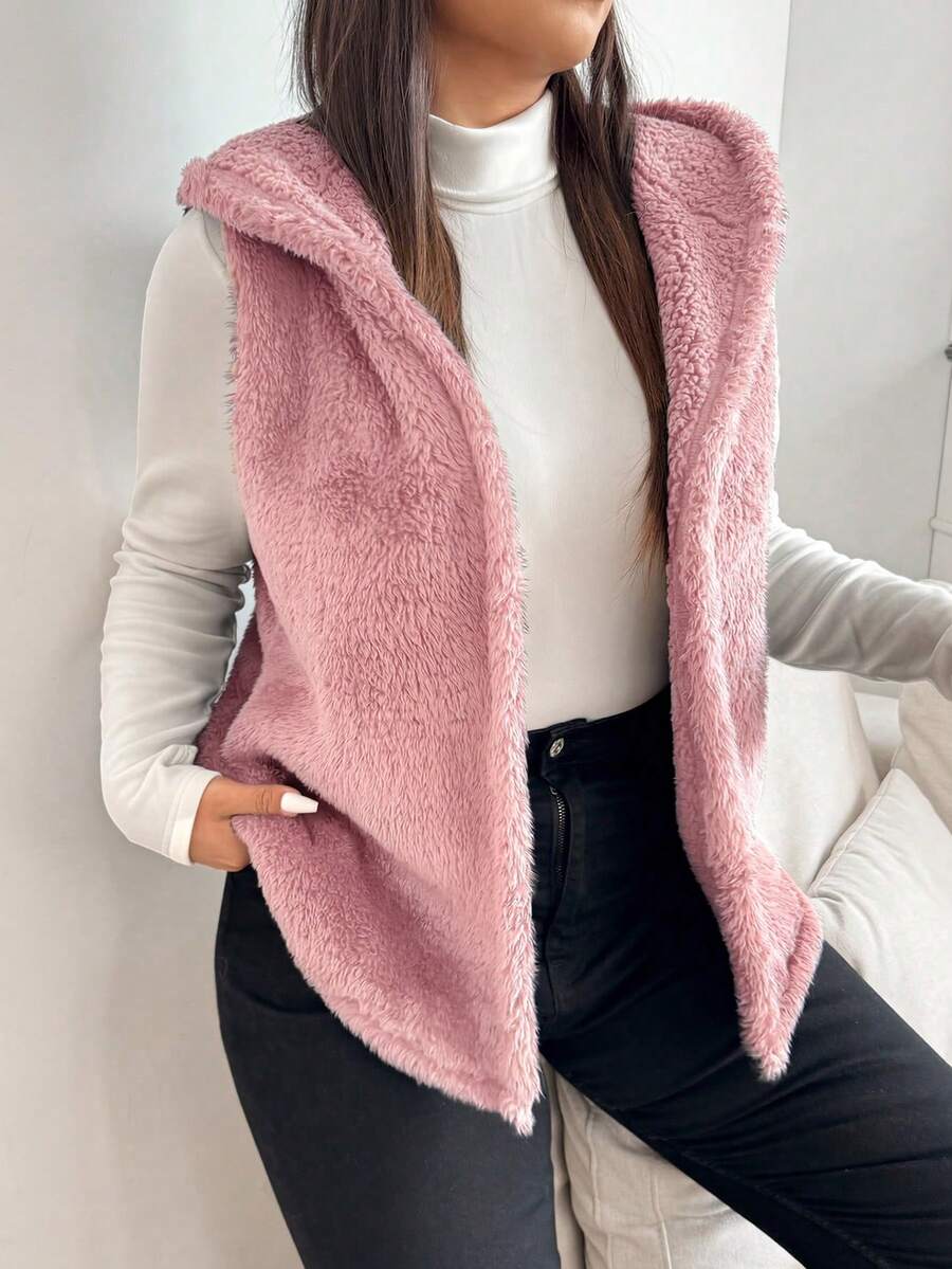 SHEIN EZwear Chaleco con capucha de unicolor y peludo de talla grande, otoño/invierno - Rosa vieja - Ver 1
