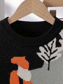 SHEIN 少女百搭绿色开衫，饰有可爱卡通提花图案 - 新款柔软舒适的圆领长袖针织毛衣，适合日常穿着及秋冬季节。 - 黑色 - 查看 3