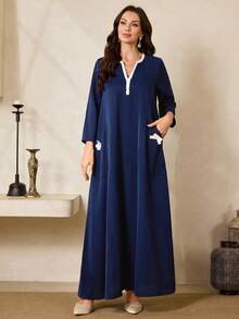 Al Najma Váy maxi Thổ Nhĩ Kỳ dài tay, cổ chữ V viền tương phản, phong cách Ả Rập truyền thống dành cho nữ - Màu xanh hải quân - Xem 2