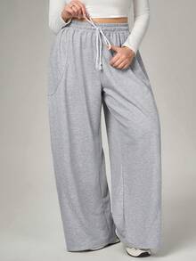 SHEIN Tall CURVE 大码女式街头风外出休闲两件套，弹性腰带，舒适灰色弯腰裤，修身显瘦，秋季女装，高挑两件套，舒适两件套，修身显瘦，高挑女装，秋季女装 - 淺灰色 - 查看 5