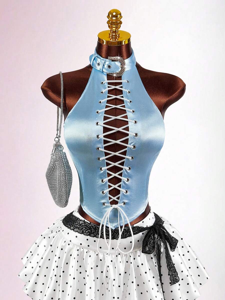 Amplova Romantic Blue Satin Rhinestone Button Design High Neck Sleeveless Front Tie Blouse For Women - Blue - View 1