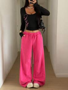 StreetHx 女士街头风复古水洗宽松直筒休闲运动裤，秋季 - 玫紅色 - 查看 4