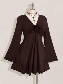 SHEIN ICON Große Größen Damen Sexy Retro Y2K Stil Gerafftes Vorderteil Weite Ärmel Schwarzes Kleid - Braun - Übersicht 5