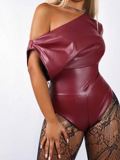  Y2K Amplova Women's Burgundy Spandex Bodysuit With Sexy Asymmetric Shoulder Top Patchwork Red Bodysuit Women Red Swimsuit Women Red Leather Top Red Sexy Outfit Burgundy Swimsuit
