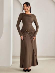 Veilorie Women's Elegant Solid Color Arabic Style Dress, Party Wear - Brown - View 3
