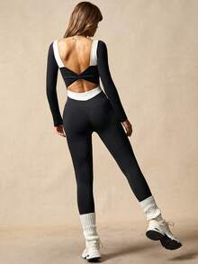 VARSIVA Women's Black And White Color Block Long-Sleeved Jumpsuit With Knotted Ballet Style, Elegant Long Sleeves, Crossover, Simple Casual Jumpsuit, Fitness Wear, Suitable For Yoga Fitness, Spring, Autumn And Winter - Multicolor - View 2