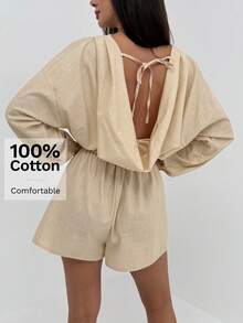 Aloruh Women's Cotton Long Sleeve Plunging Neck Backless Jumpsuit - Apricot - View 8