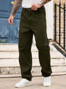 Manfinity Homme Quần jean ống đứng đơn sắc bỏ túi thường ngày dành cho nam - xanh quân đội - Xem 4