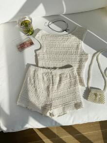 Conjunto de top corto sin mangas acanalado y shorts con volantes de cintura alta, estilo bohemio y campestre, de tela ligera y transpirable, para verano, vacaciones en la playa, almuerzos casuales y uso diario. - Beis - Ver 4